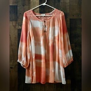 Women’s Sz 22/24 Avenue Coral and Cream Tie-Dye Peasant Tunic New